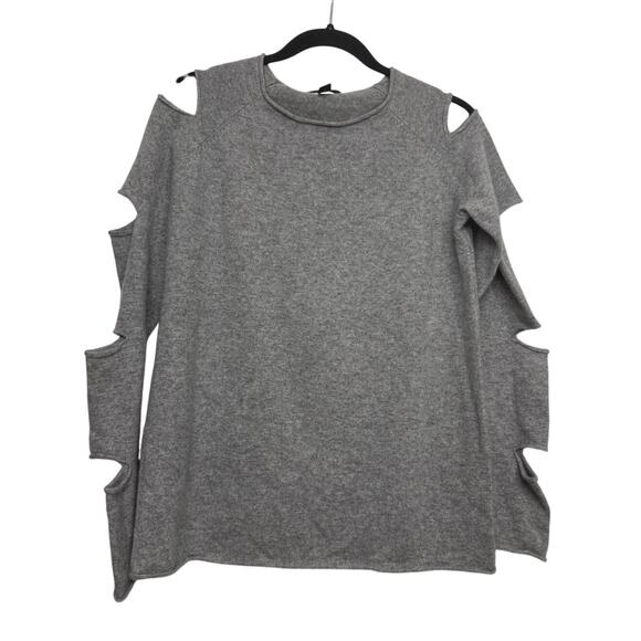 AQUA 100% Cashmere Gray Cold Shoulder Cutout Sweater Cozy Top Women’s Medium - Picture 1 of 5